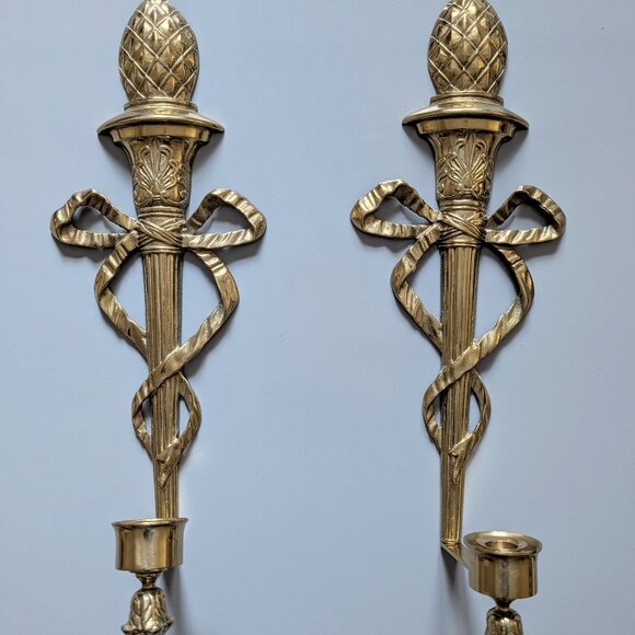 Pair Vtg Brass Hollywood Regency Wall Candle Sconces w/ Tall & Narrow Torch shap